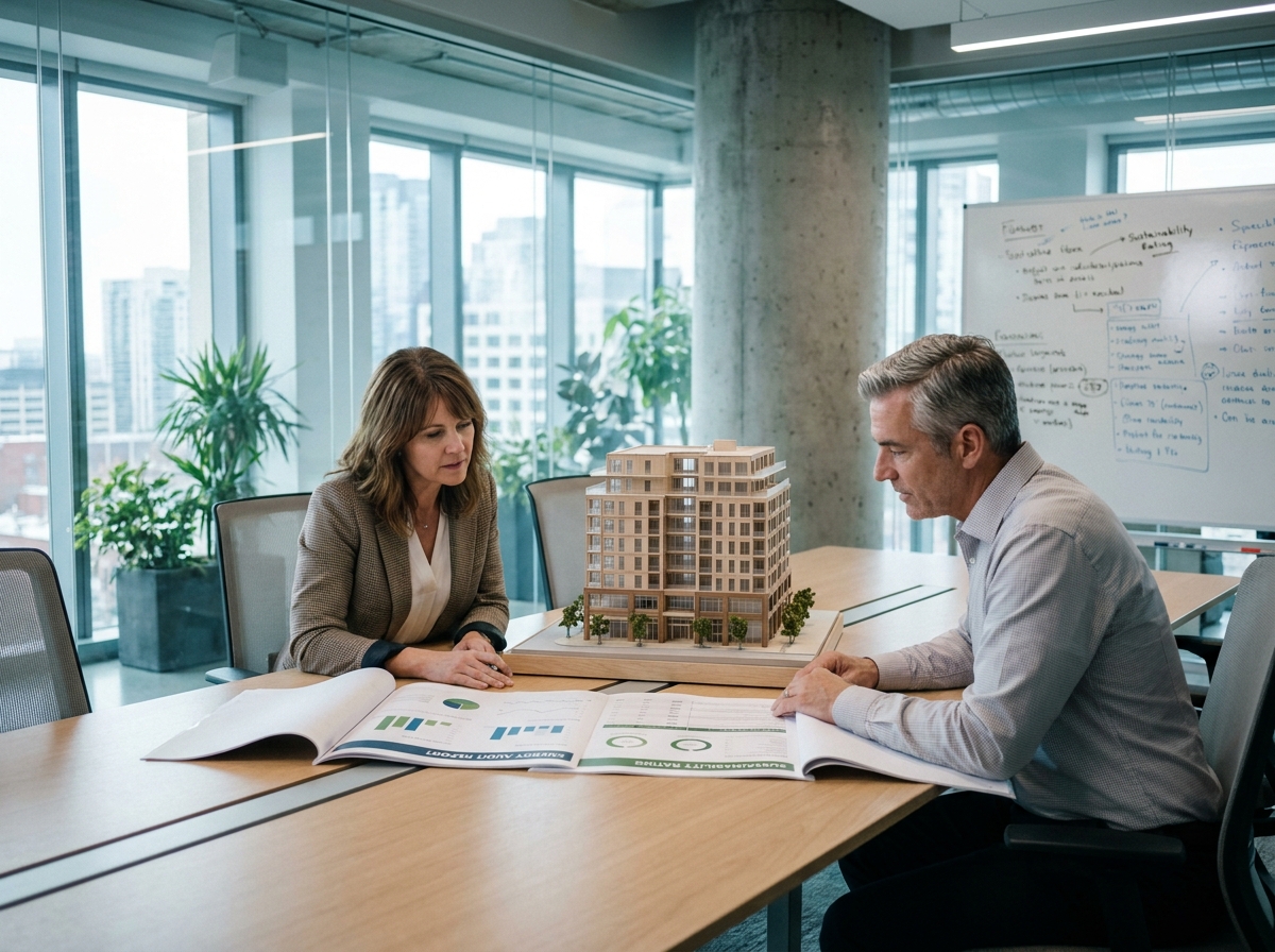 Deux professionnels de l'immobilier analysant un audit énergétique et les leviers d'optimisation environnementale d'un actif immobilier