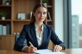 Femme d'affaires avec contrat dans un bureau moderne