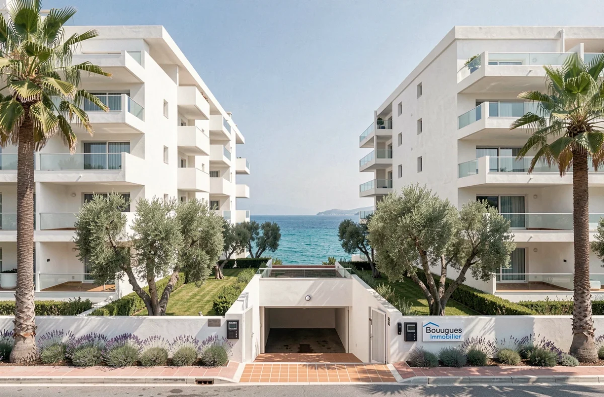 Résidence neuve Bouygues Immobilier sur la Côte d'Azur avec balcons blancs et vue mer méditerranée