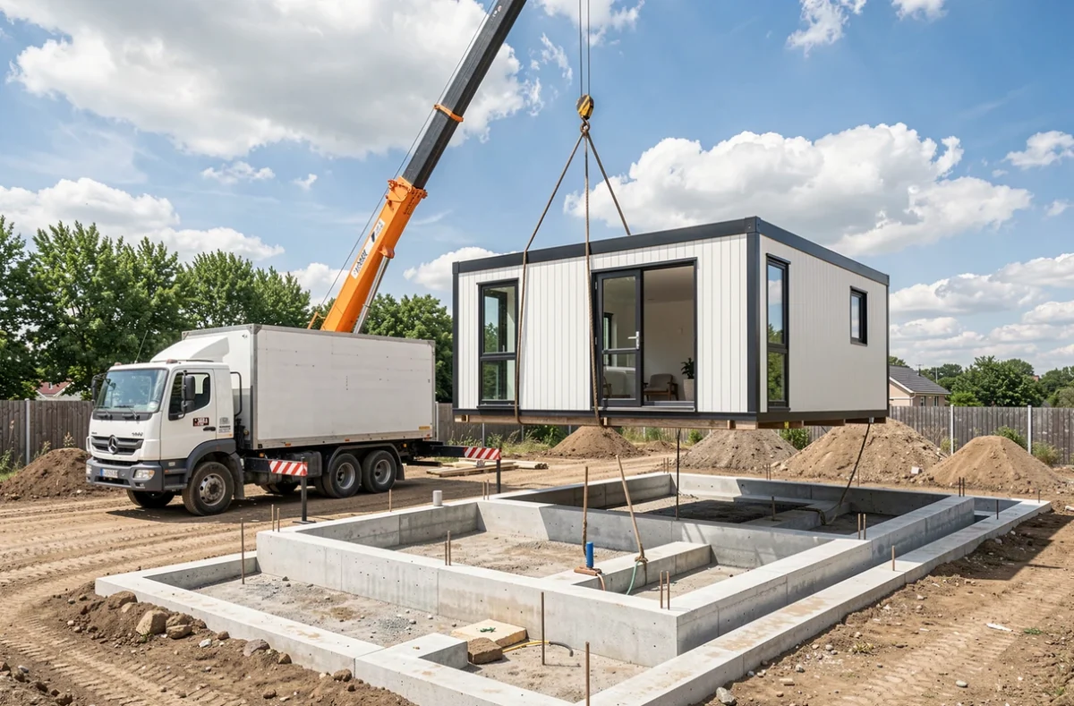 Camion grue posant un module préfabriqué sur une dalle béton