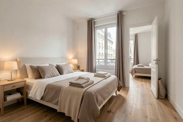 Chambre principale d'un appartement T3 avec parquet bois, lit double et fenêtre donnant sur rue parisienne
