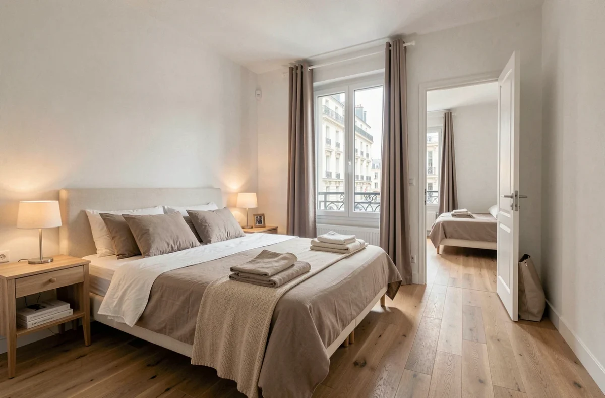 Chambre principale d'un appartement T3 avec parquet bois, lit double et fenêtre donnant sur rue parisienne