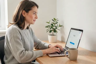 Femme changeant son mot de passe sur un espace client en ligne depuis un ordinateur portable à son bureau