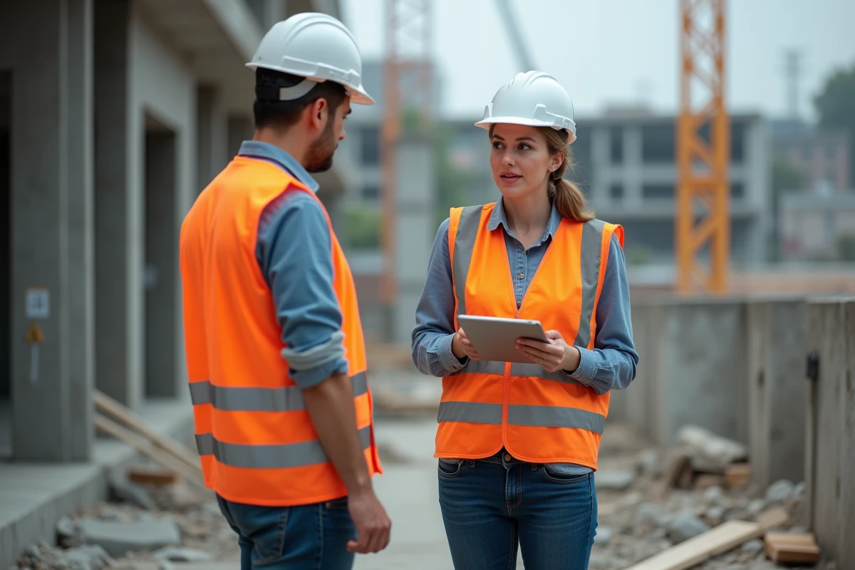Jeune femme gestionnaire de chantier discutant avec un ouvrier