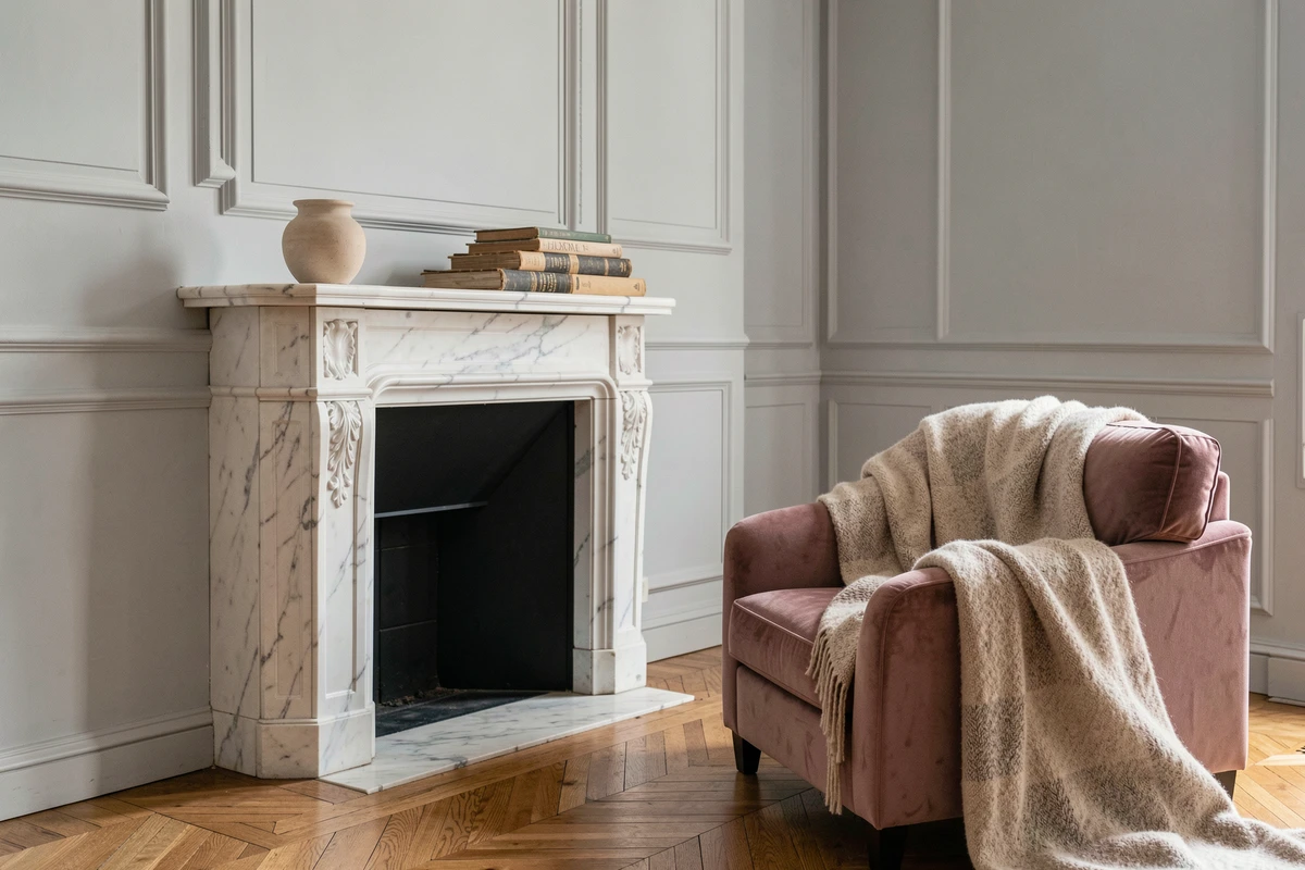 Cheminée en marbre blanc dans un salon haussmannien avec parquet en chevrons et moulures d'époque