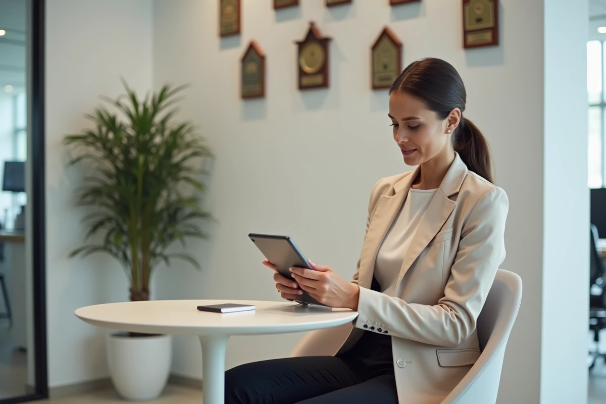 Cliente lisant des avis et témoignages sur une tablette dans une agence immobilière Orpi Invest Immo à Paris