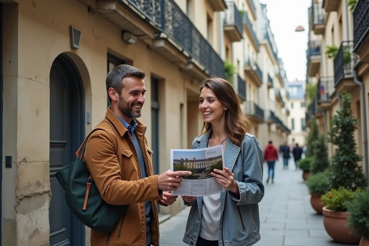 Couple de clients visitant un immeuble haussmannien à Paris avec une brochure immobilière Orpi en main