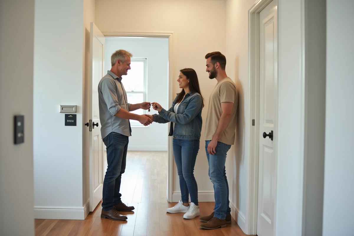 Homme remettant des clés à un couple dans un appartement rénové