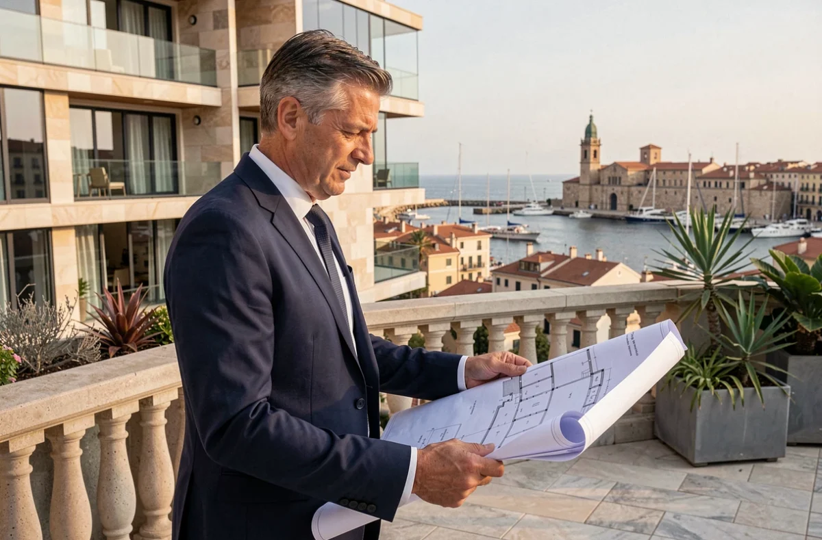 Promoteur immobilier Cogedim Provence devant un programme neuf avec vue sur le Vieux-Port de Marseille