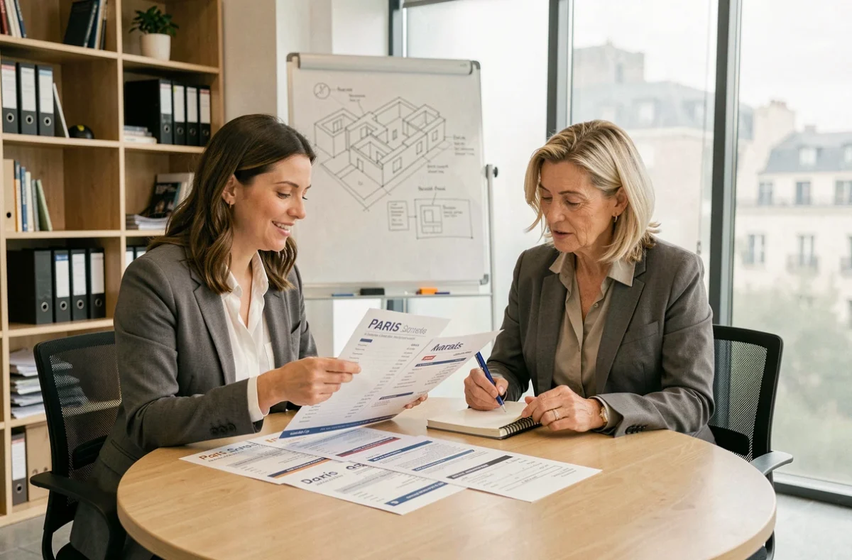 Deux femmes comparant des agences immobilières à Paris pour choisir la meilleure option dans le 10e