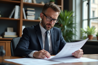 Comptable français en costume dans un bureau moderne à Paris