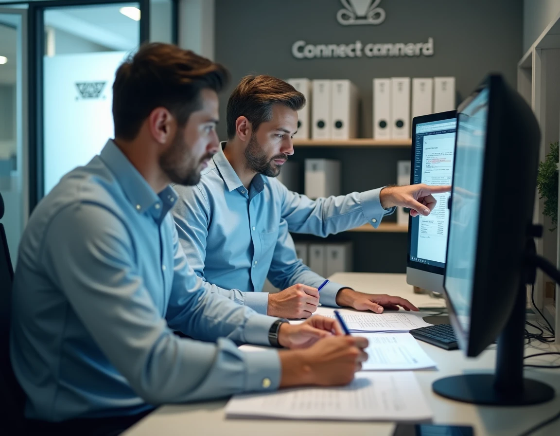 Deux conseillers Connect Crédit analysent ensemble un dossier de prêt immobilier sur leur station de travail dans un bureau professionnel