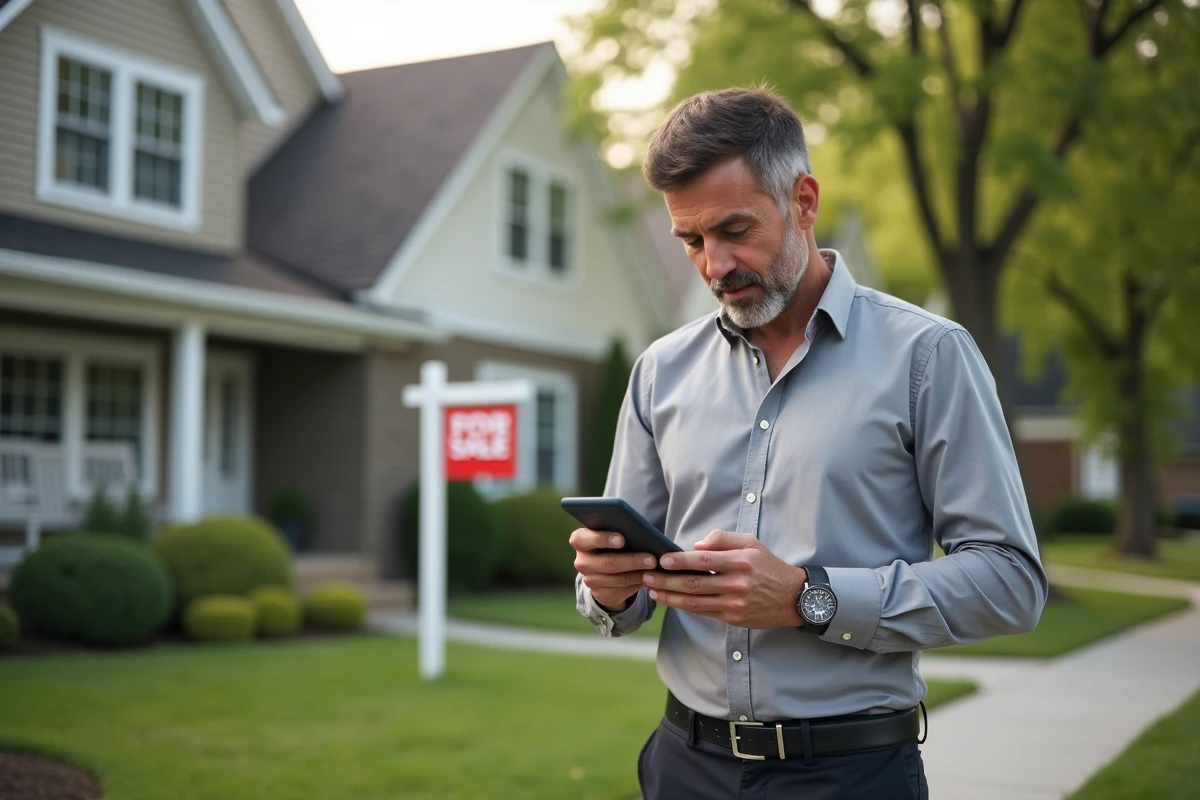 Conseiller IAD utilisant son smartphone avec l'application Playiad devant une maison à vendre
