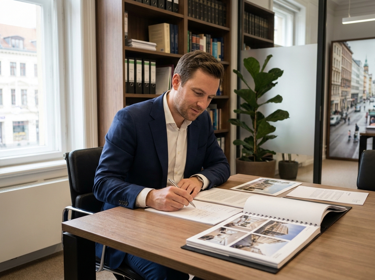 Conseiller en investissement immobilier analysant un portefeuille d'actifs européens dans un bureau professionnel
