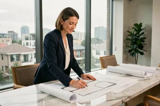 Conseillère immobilière Arthaud Immobilier examinant des plans d'un bien haut de gamme dans une agence moderne