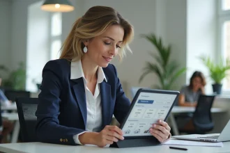 Conseillère immobilière utilisant l'application Playiad IAD sur une tablette dans un bureau moderne