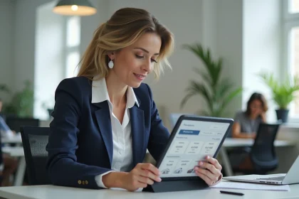 Conseillère immobilière utilisant l'application Playiad IAD sur une tablette dans un bureau moderne