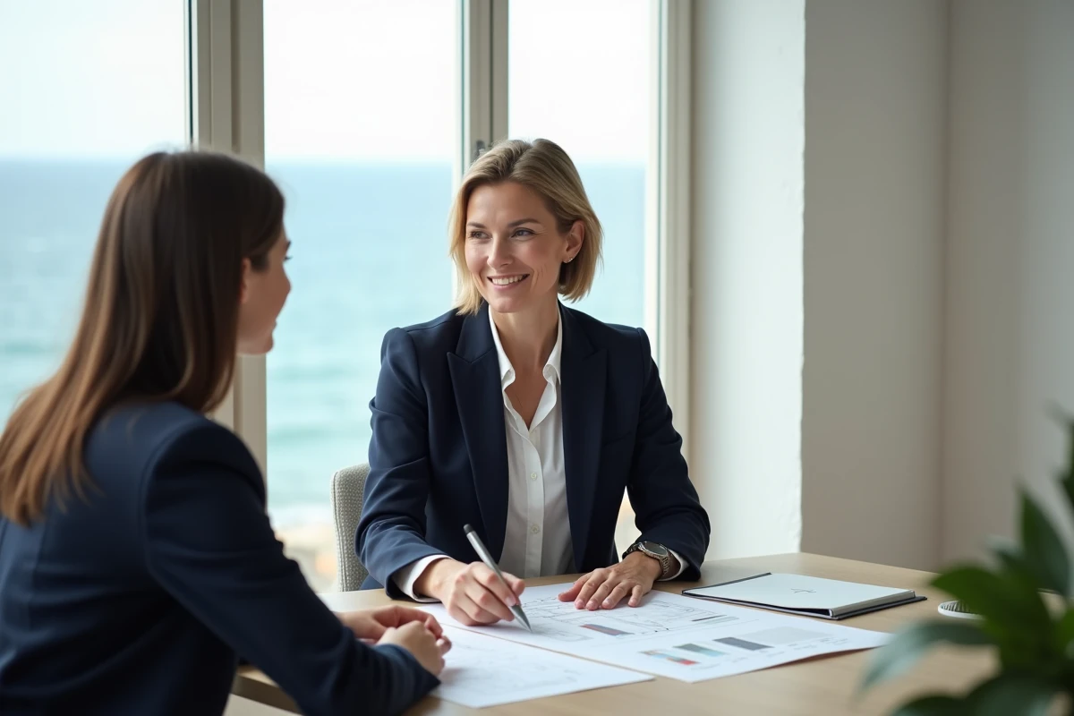 Conseillère immobilière présentant un plan de financement pour une maison en bord de mer