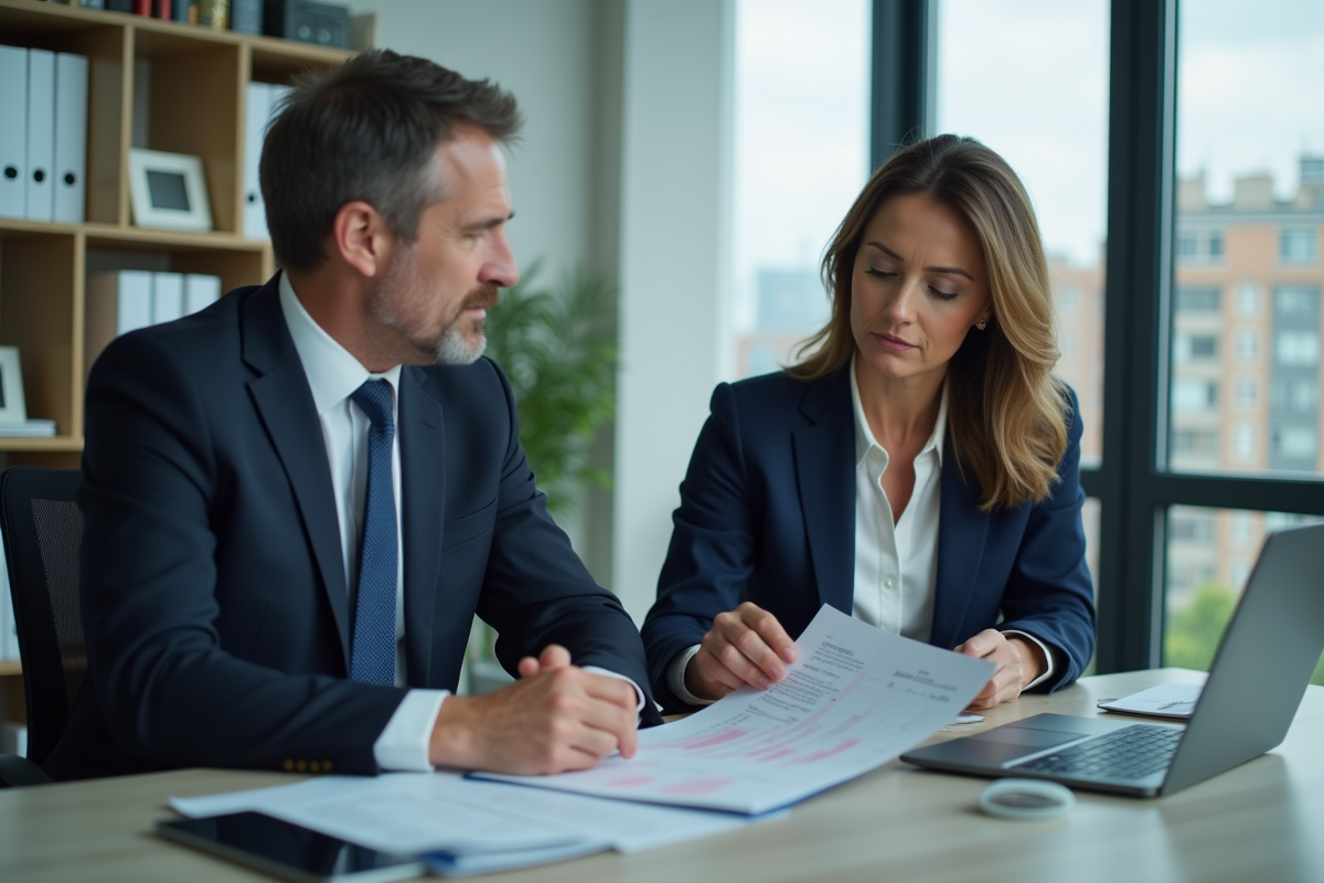 Conseillère en prêt immobilier présentant un devis à un client