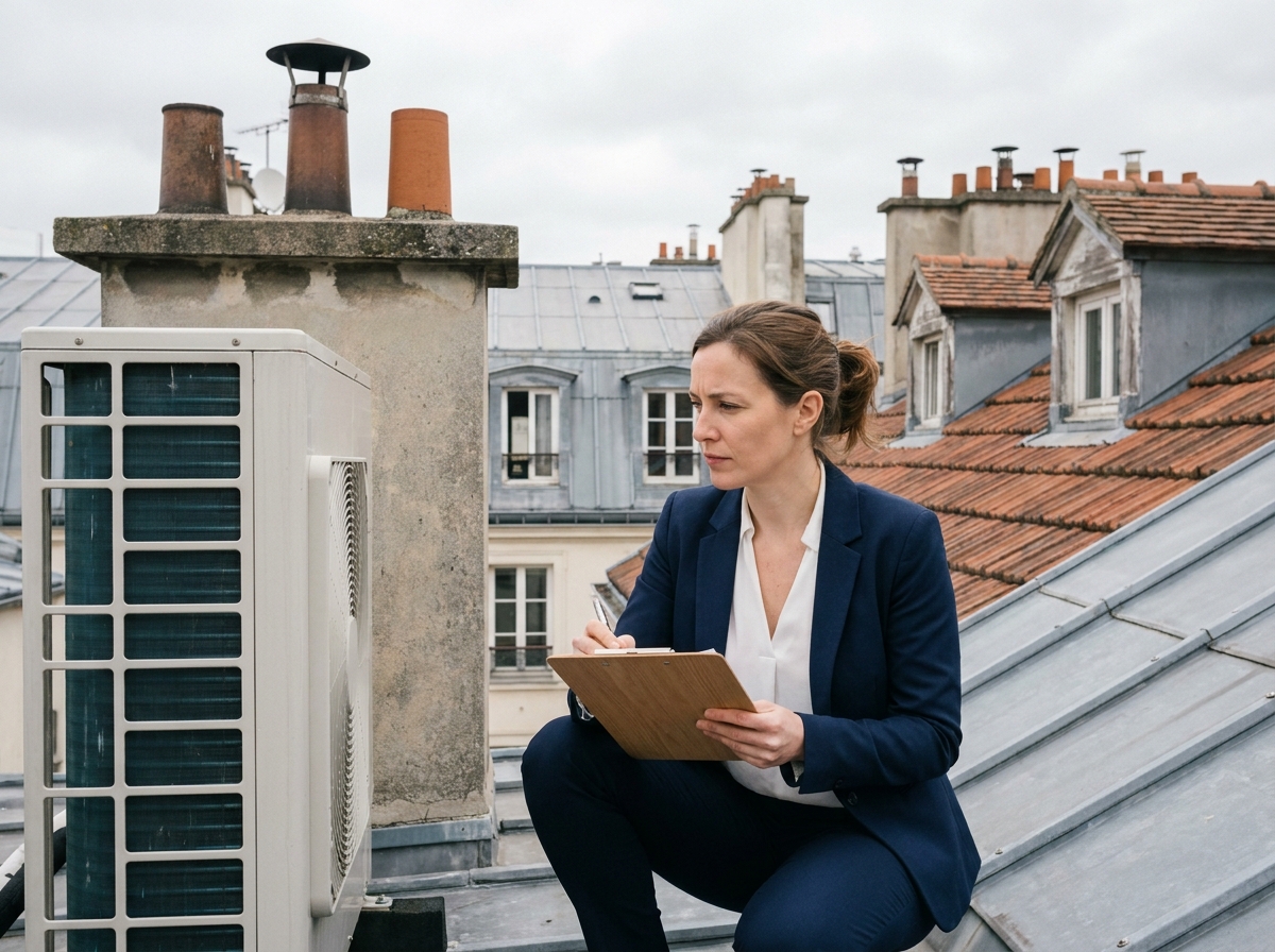 Consultante en énergie inspectant une pompe à chaleur sur le toit d'un immeuble rénové pour optimiser sa performance énergétique