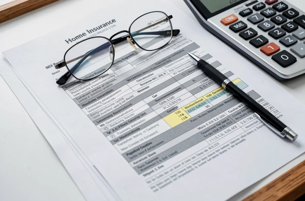 Gros plan sur un contrat d'assurance habitation avec calculatrice et stylo, illustrant le calcul du coût annuel