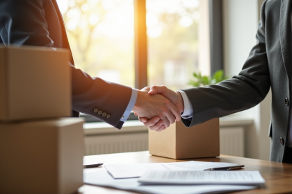 Propriétaire et locataire se serrant la main dans un appartement lumineux