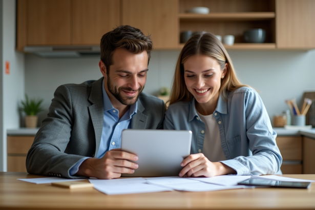 Jeune couple en cuisine examinant des documents immobiliers