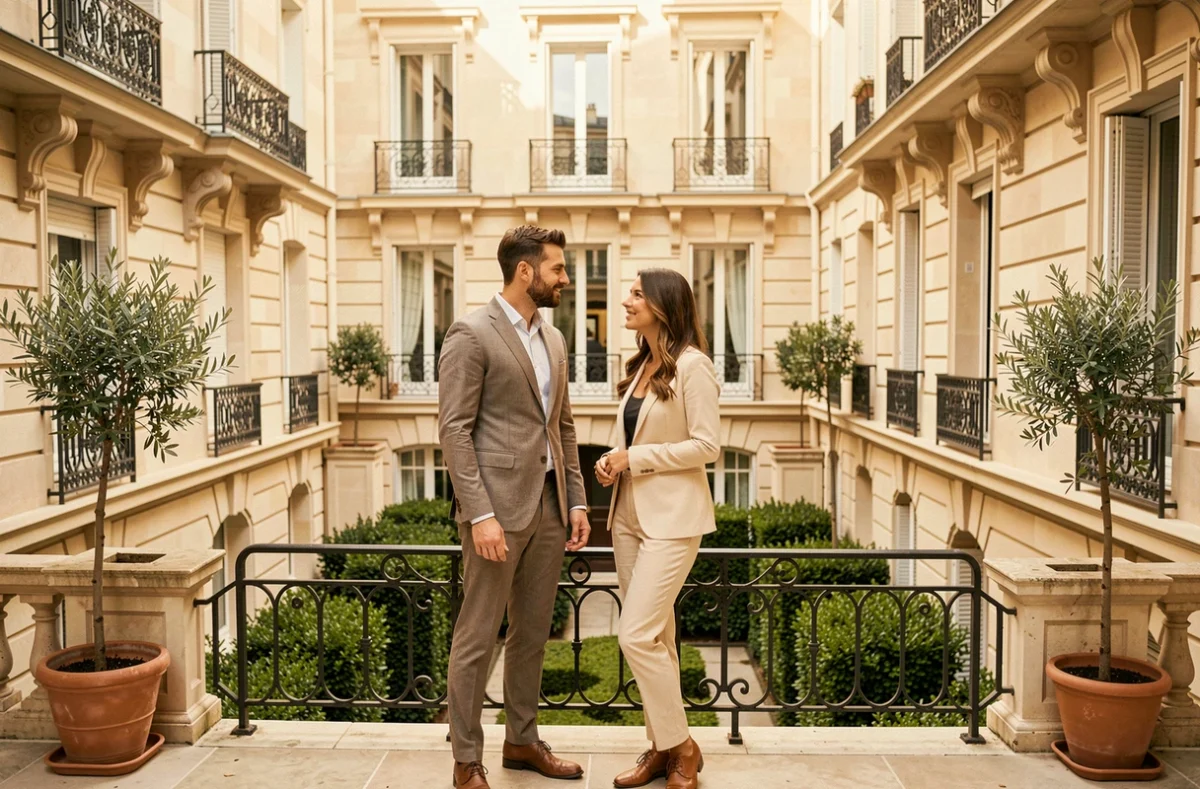 Couple d'acheteurs exigeants visitant un appartement haussmannien de prestige proposé par Arthaud Immobilier