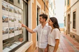 Couple consultant une vitrine d'agence immobilière dans les quartiers sud de Marseille avec vue sur la mer en arrière-plan