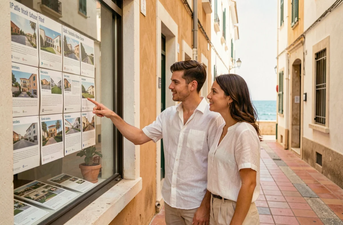 Couple consultant une vitrine d'agence immobilière dans les quartiers sud de Marseille avec vue sur la mer en arrière-plan