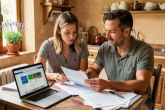 Couple examinant des documents d'assurance habitation à Draguignan dans une cuisine provençale