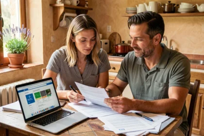 Couple examinant des documents d'assurance habitation à Draguignan dans une cuisine provençale