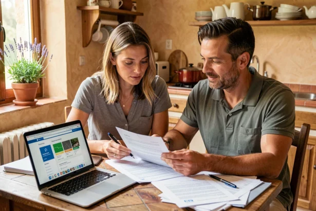 Couple examinant des documents d'assurance habitation à Draguignan dans une cuisine provençale