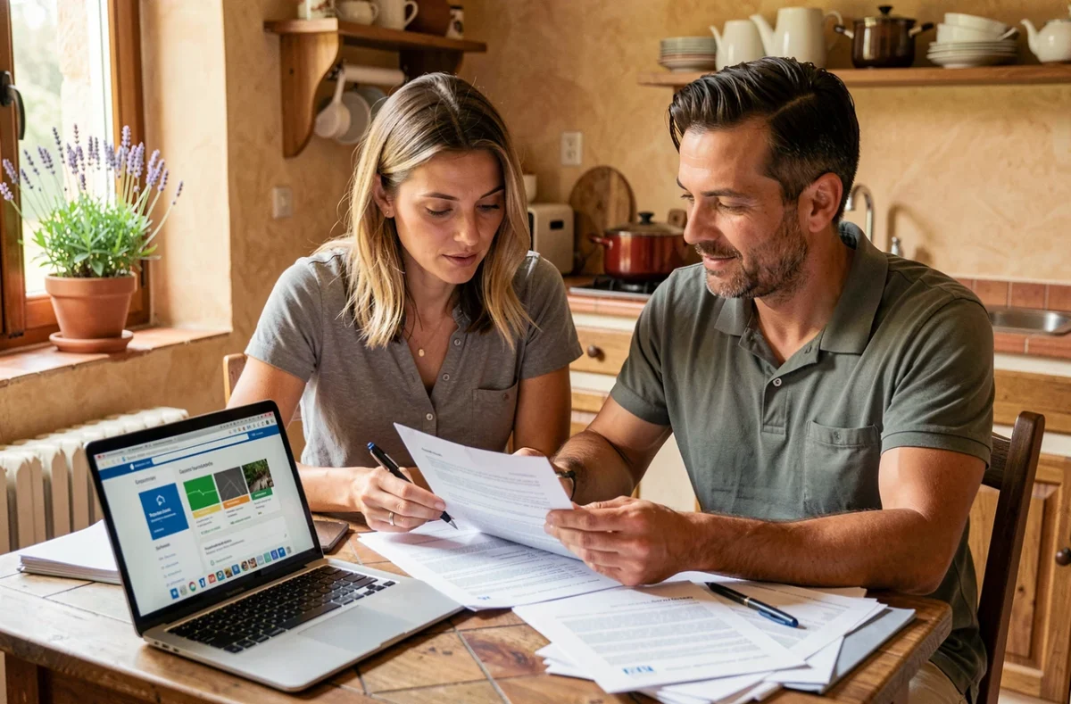 Couple examinant des documents d'assurance habitation à Draguignan dans une cuisine provençale