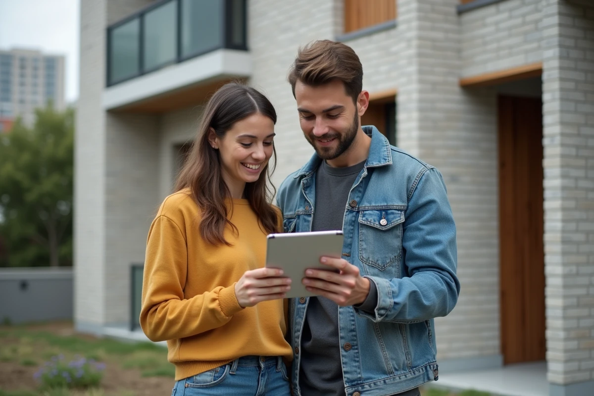 Jeune couple regardant des plans de construction devant un bâtiment