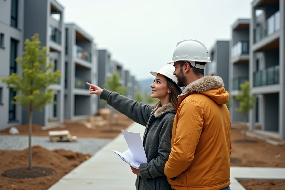 Jeune couple pointant vers des immeubles en construction