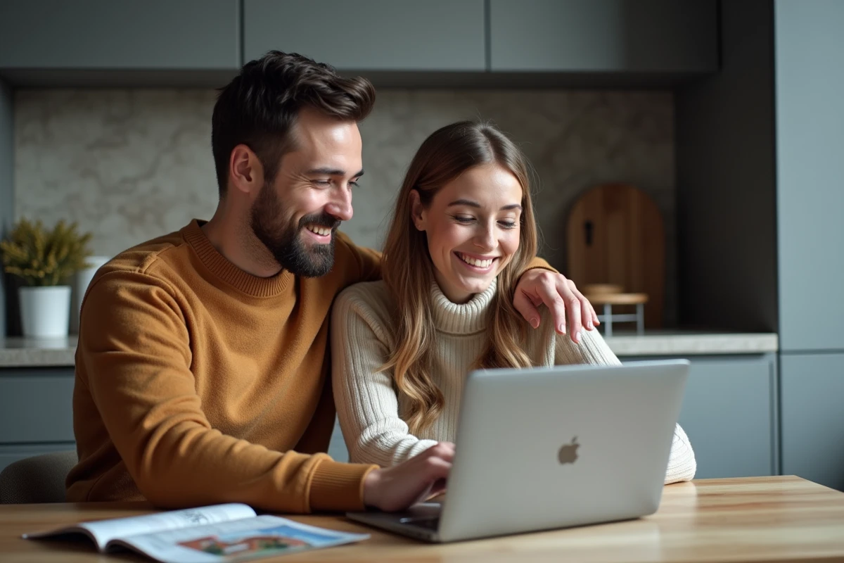 Couple consultant le portail ERRIAL sur un ordinateur portable pour vérifier les risques d'un bien immobilier avant achat