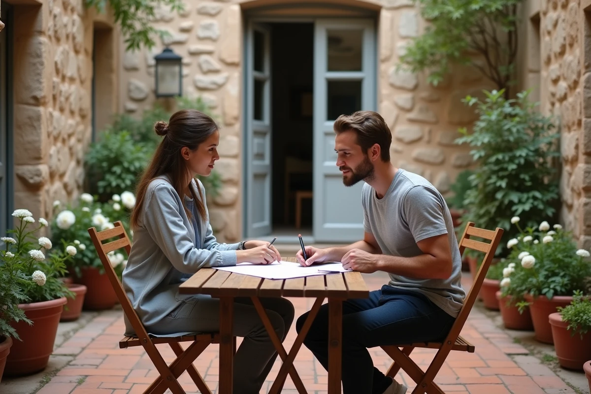 Couple étudiant un contrat de location pour une petite maison avec jardin dans l'Eure, évitant les erreurs courantes