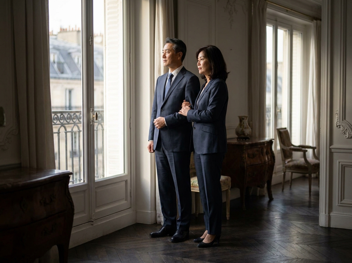 Couple asiatique élégant dans un appartement parisien