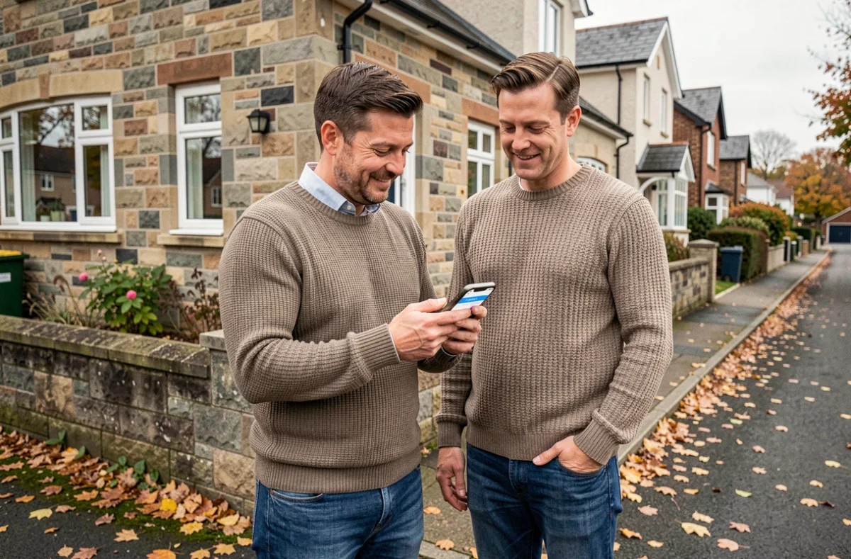 Couple devant leur maison consultant une estimation immobilière gratuite sur smartphone