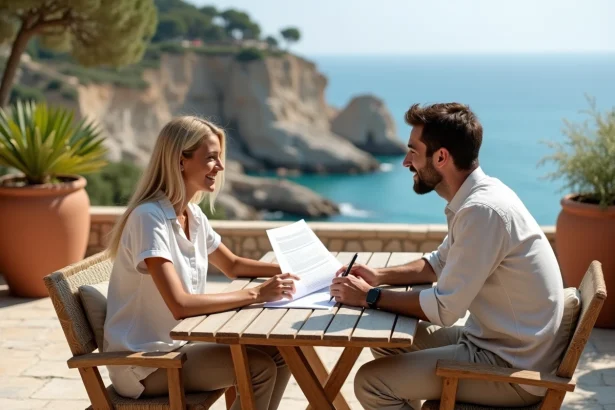 Couple examinant un dossier de financement immobilier sur une terrasse avec vue sur la mer