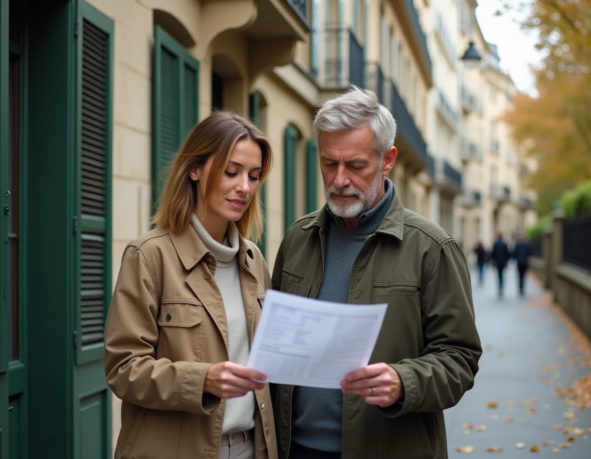 Couple d'investisseurs locatifs évaluant un immeuble parisien avec un rapport d'expertise immobilière