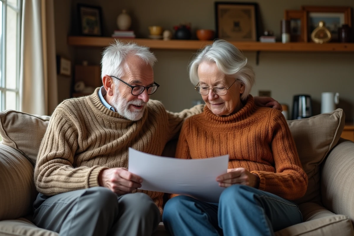 Couple âgé consulte des documents de location dans leur salon