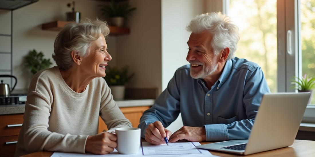 Couple souriant examinant documents fiscaux à la maison