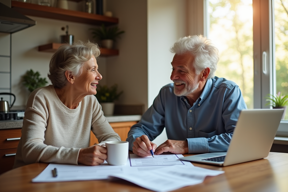Couple souriant examinant documents fiscaux à la maison