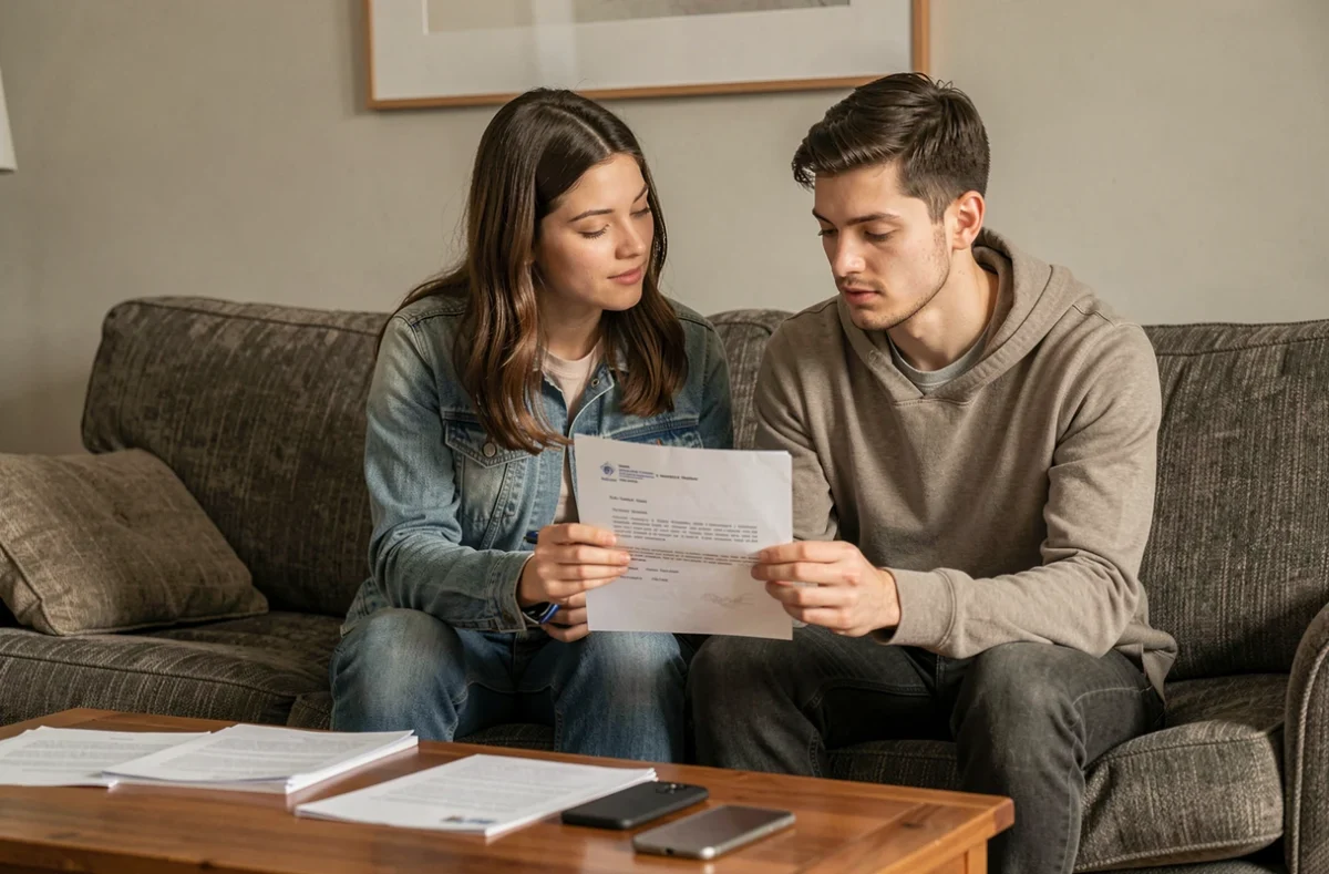 Couple lisant ensemble une lettre officielle concernant leur demande de logement AL ni sur leur canapé