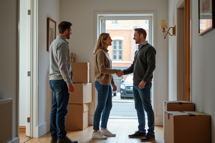 Couple d'adultes souriants avec déménageurs dans un appartement