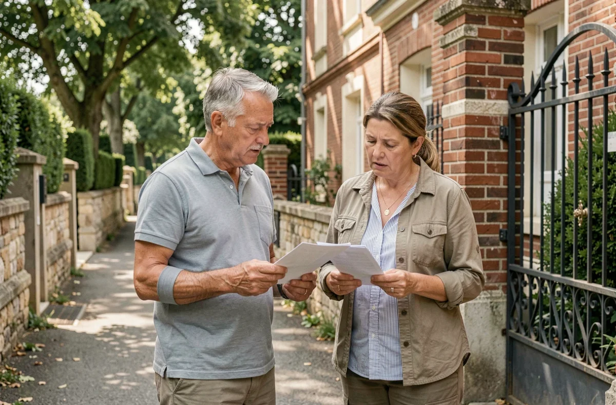 Couple discutant d'un projet immobilier devant une villa traditionnelle à Maisons-Laffitte