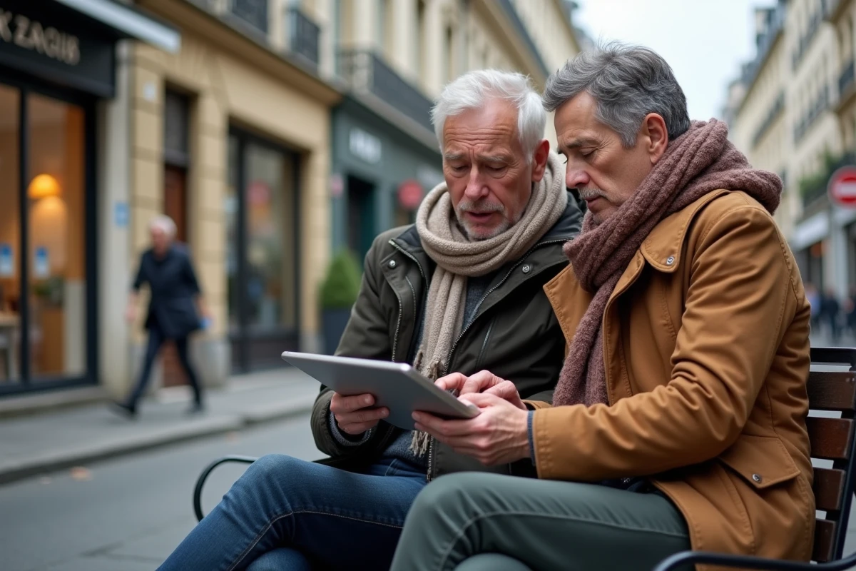 Couple français cherchant appartement à Paris sur une tablette