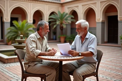 Couple de retraités européens examinant des documents immobiliers dans le patio d'un riad traditionnel de Marrakech avec fontaine et zellige